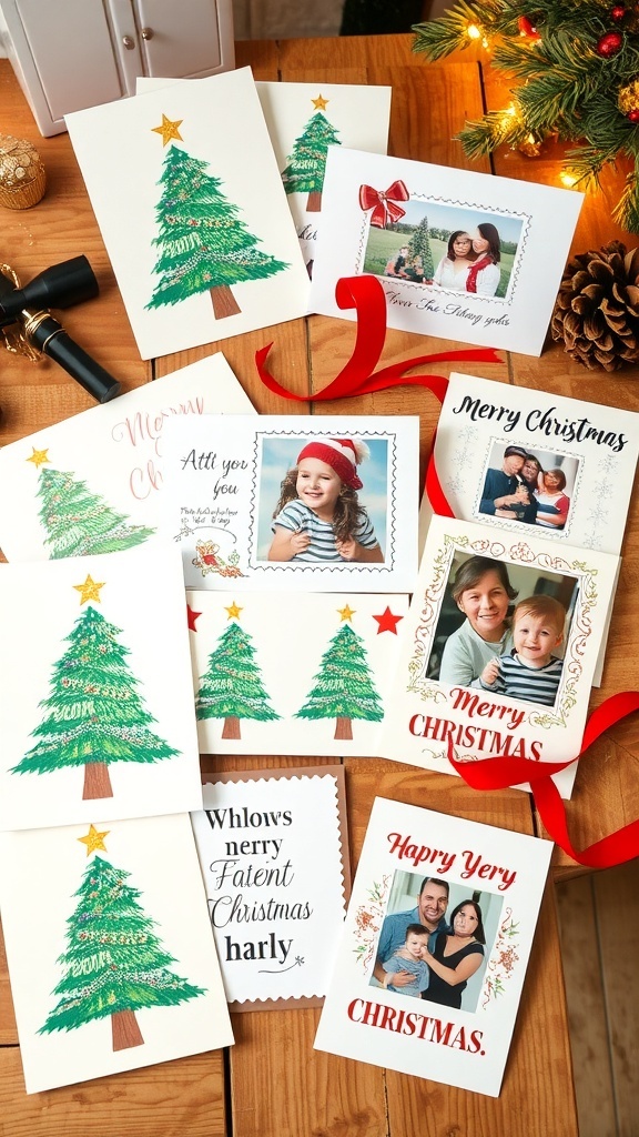 A variety of handmade Christmas cards with festive designs on a rustic wooden table.